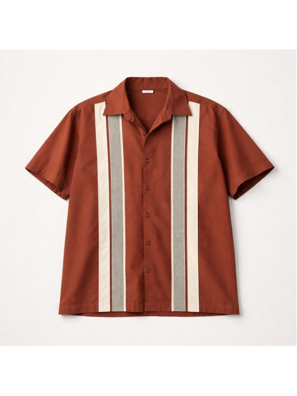 Café Luna Rust Gray Geometric Stripe Short Sleeve Button-Up Shirt Men's L Retro